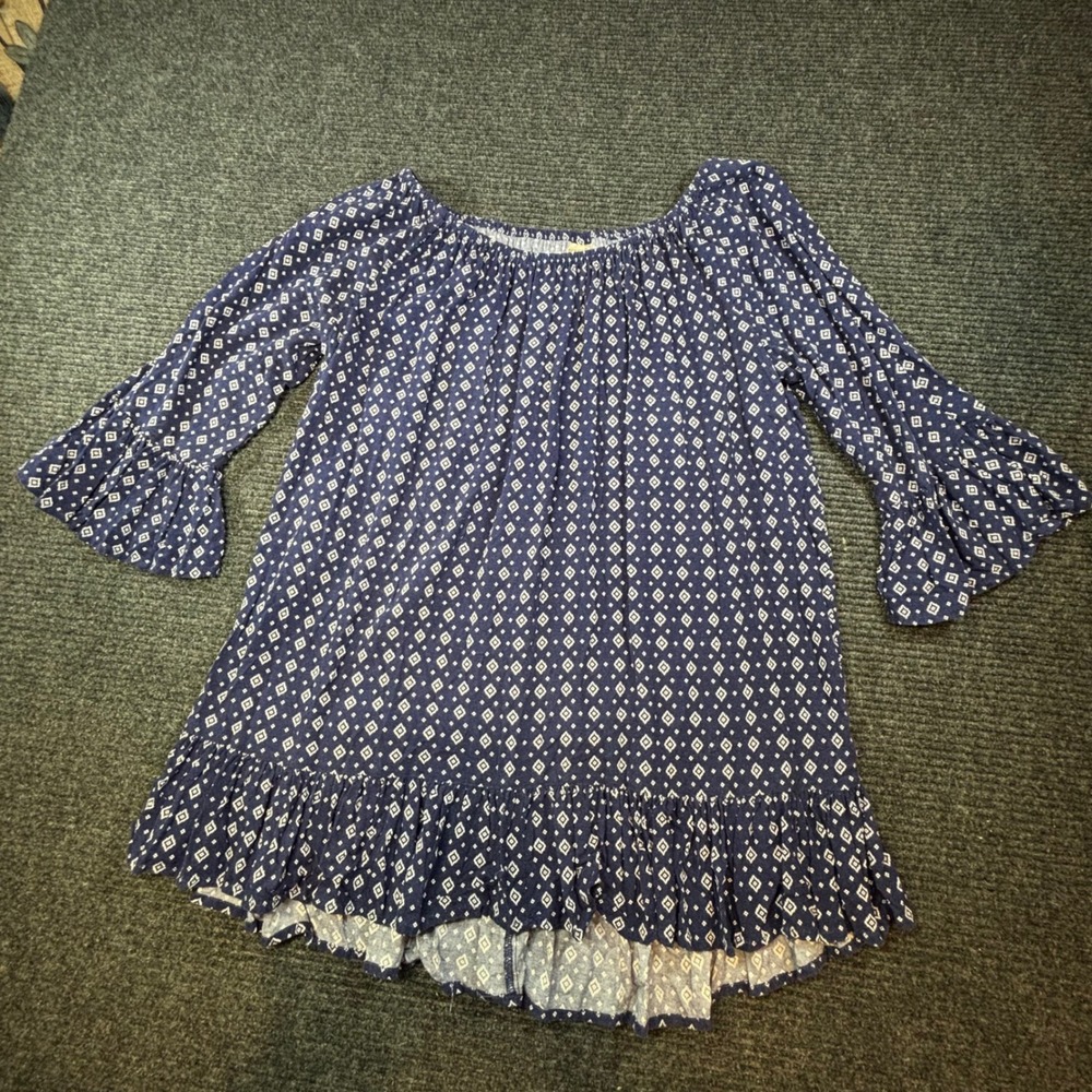 Terra & Sky Blue Diamond Print Ruffle Bell Sleeve Peasant Top 0X 14W TS18484PR